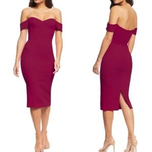 NWT DRESS THE POPULATION Bailey Magenta Wine Off Shoulder Midi Dress Size XS